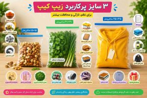پلاستیک زیپ کیپ دبل زیپ در سایزهای مختلف مناسب نگهداری مواد غذایی، مدارک، قطعات الکترونیکی، کمکهای اولیه، سفر، خودرو، لباس، خشکبار، هدیه و انواع وسایل روزمره