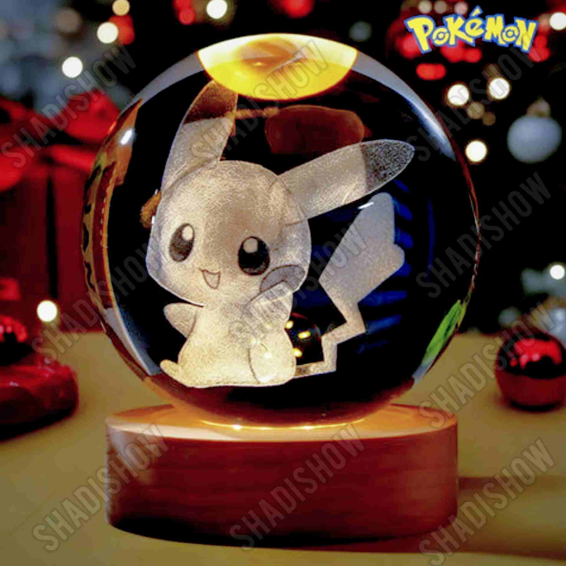 pikachu-glass-ball-wooden-usb-base گوی شیشهای چراغدار پیکاچو پوکمون | چراغ خواب لیزری با پایه چوبی - Image 1